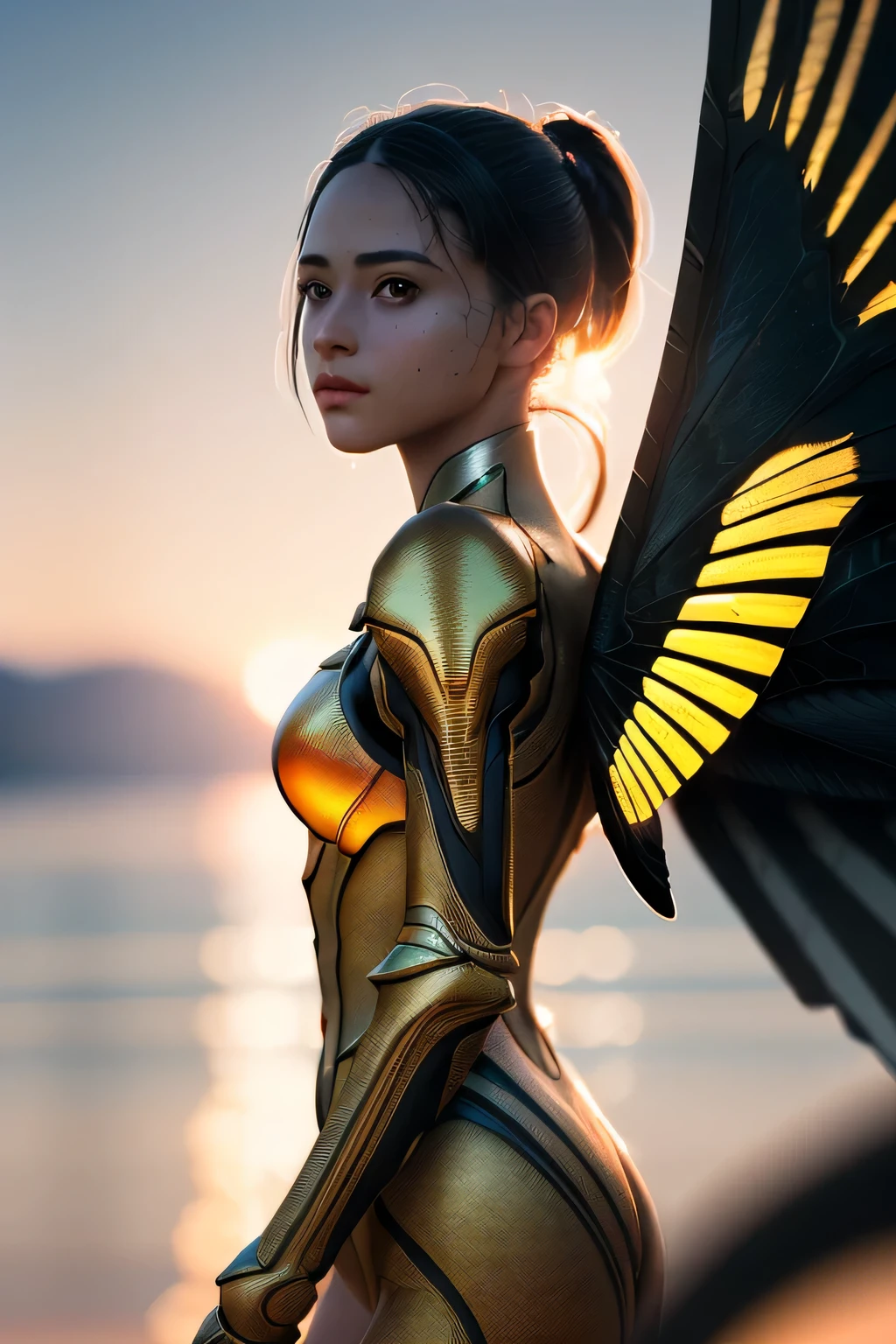 (masterpiece), (very complicated:1.3), (realistic), girl portrait, the most beautiful in the world, (locust-like wings), scale powder reflection, outdoor, intense sunlight, distant shore, Stunning female professional photo details, sharp focus, dramatic, Award history, cinematic lighting, Octane Rendering Unreal Engine, volumetrics dtx, (film grain, blurred background, blurred foreground, Bokeh, Depth of the bounds written, sunset, motion blur:1.3), thin clothing