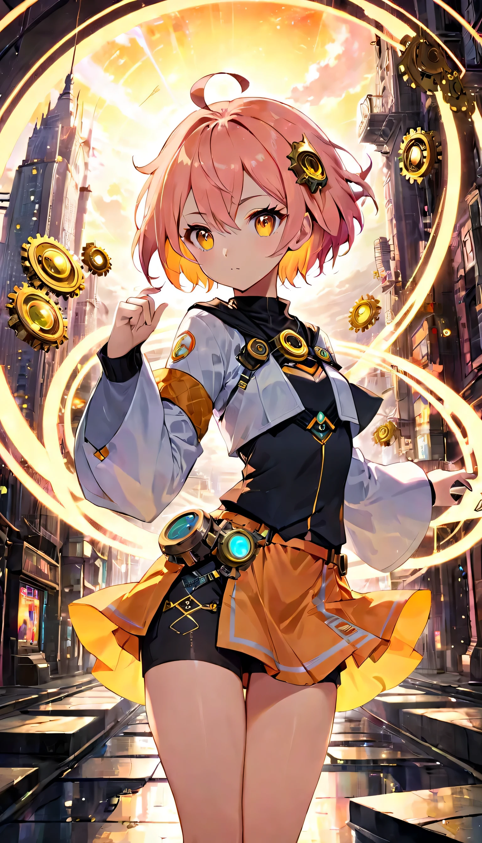 Craft an 8k, high-quality anime-style illustration of a magical girl gifted with the ability to journey through time and space. This beautiful adventurer, with her vibrant peach-colored short hair, exudes both charm and strength. She dons a stylish miniskirt, part of her magical attire, which adapts and transforms as she ventures from ancient pasts to distant futures, and even into the realms of other worlds. Her eyes, filled with determination and wonder, reflect the myriad of universes she’s explored, each adventure adding to her resolve. Surrounding her is a whirlwind of clocks, gears, and celestial motifs, symbolizing the temporal and spatial dimensions she navigates. Her backdrop shifts from historic ruins bathed in the golden light of sunset to futuristic cityscapes aglow with neon, and even to fantastical landscapes where magic and technology intertwine, illustrating her endless quest through the fabric of reality.
