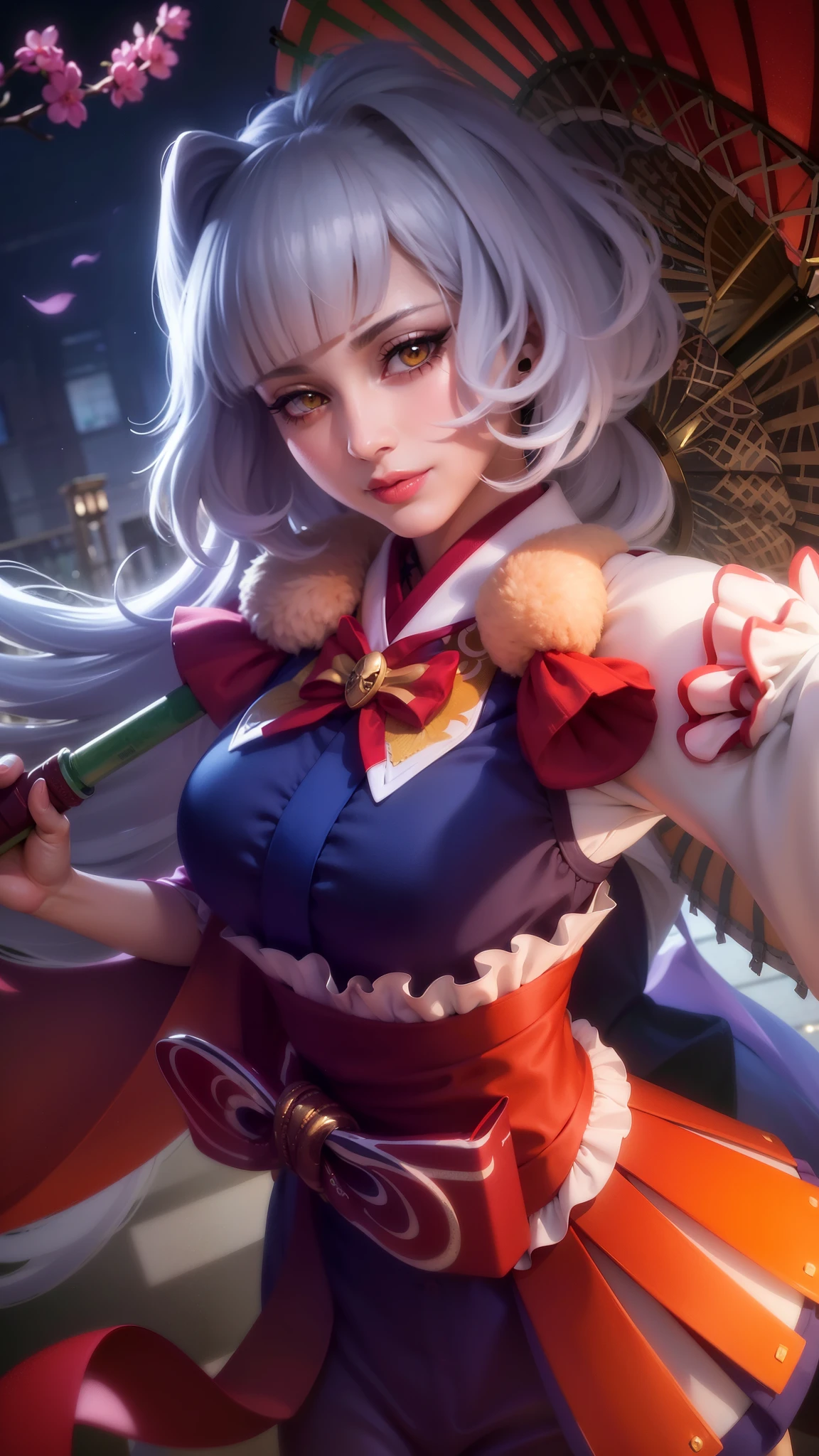 girl with white hair holding a umbrella, red lips glossy, 8k, ultra hd, ultra detailed texture, hyper realistic, masterpiece, detailed texture, detailed face, detailed skin, detailed lighting, (photorealistic:1.5), best quality, beautiful lighting, cinematic lighting, professional lighting, ultra highres, realistic, detailed hair, real hair, high quality, (realskin:1.5), extremely detailed, finely detail, ultra-detailed, smile, kimono outfit, yellow eyes.