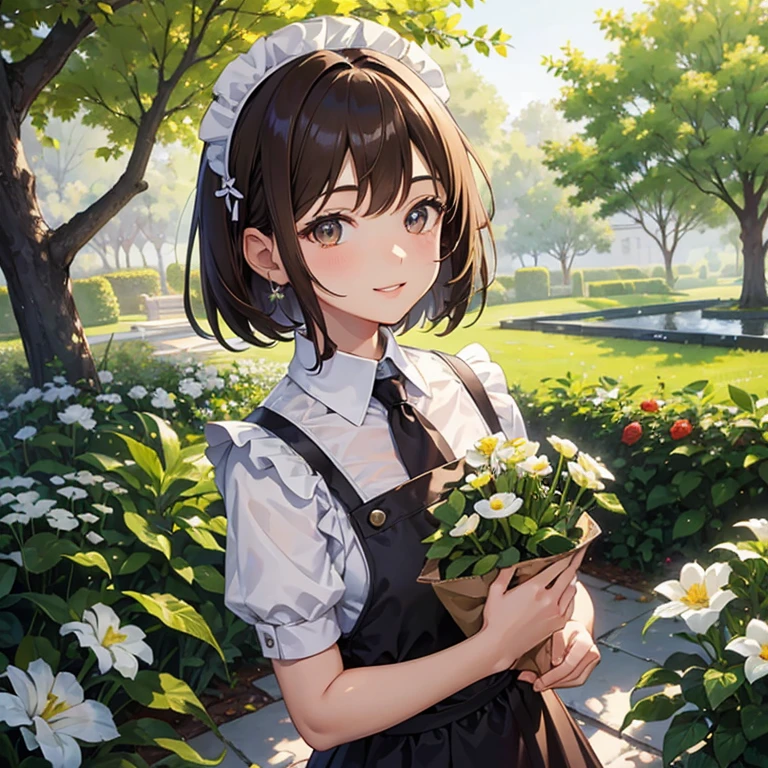masterpiece, best quality, garden, looking at viewer, upper body, 1girl, light brown hair, short hair, bob cut, brown eyes, maid headdress, maid, light smile