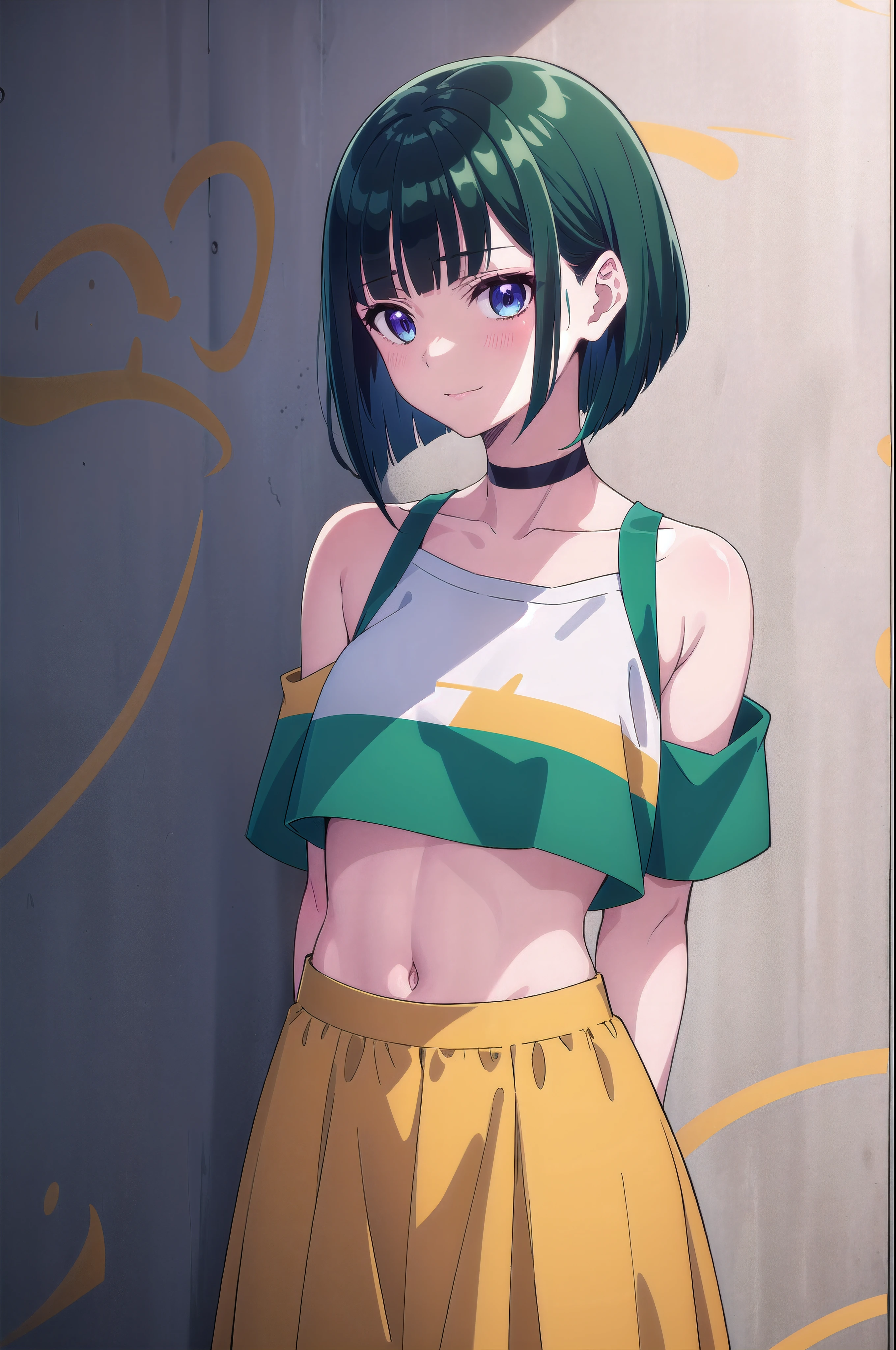 masterpiece, best quality, 1girl, solo, stylish crop top, smile, vibrant short green hair, bobhair, short-hair, short bob hair, (((bobcut))), bob haircut, very short bob cut, lip length hair, blunt ends, (sliced bob), buzzed nape ((haircut:1.3)), undercut, bobbed hair, minibob, sidecut, shaved, blue eyes, graduation bob, straight short hair, short hair above the ears, Shot diagonally from the side, elegant braid, soft bangs, upper body, alluring choker, (graffiti:1.5), artistic paint splatter, seductive arms behind back, leaning against wall, exposed back, fashionable armband, urban hiphop style, flirty skirt, playful head tilt, intense expression, warm orange, dynamic asymmetrical design, bold geometric shapes, creative street art