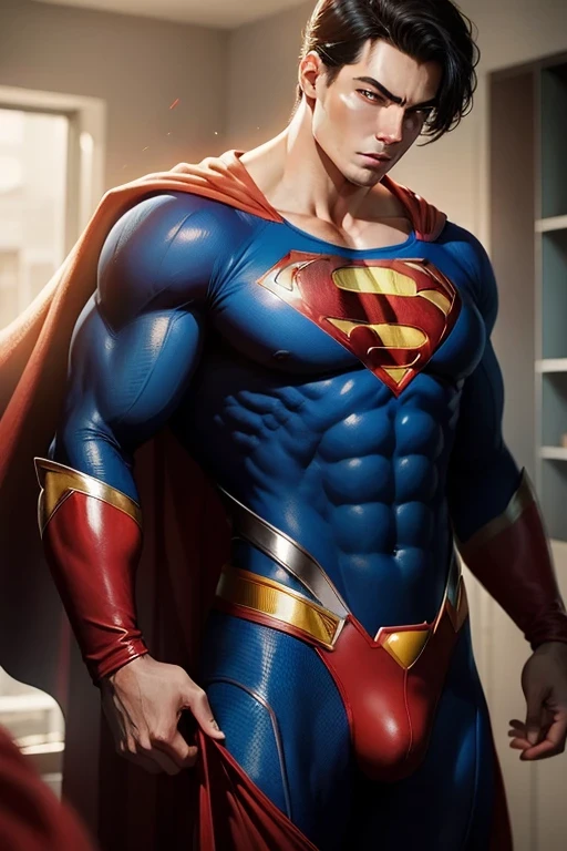 Superman posing in a kitchen with his cape up, superhero body, Superman pose, Superman costume, Superman, The best realistic photography, Awesome and cool movie, justin hartley as Superman, muscular male hero, Very realistic, A very detailed RTM pathogen., DC Comics style, Very detailed, dwayne johnson as Superman, Wojtek Fuss, The best realistic photography, ภาพถ่ายVery realistic