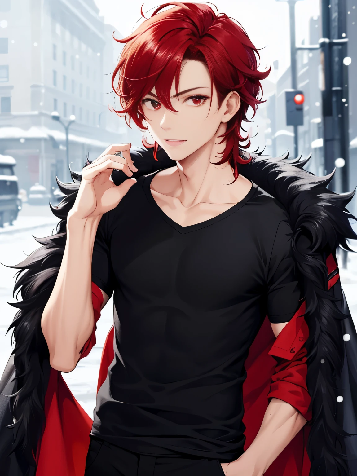 1boy, cool style,looking at viewer,Black t-shirt,standing,Hands crossed, close up photo,snowing,handsome,Shoulder length hair,curly hair, red hair,black trousers, black shirt, black fur jacket,red eyes, vampire