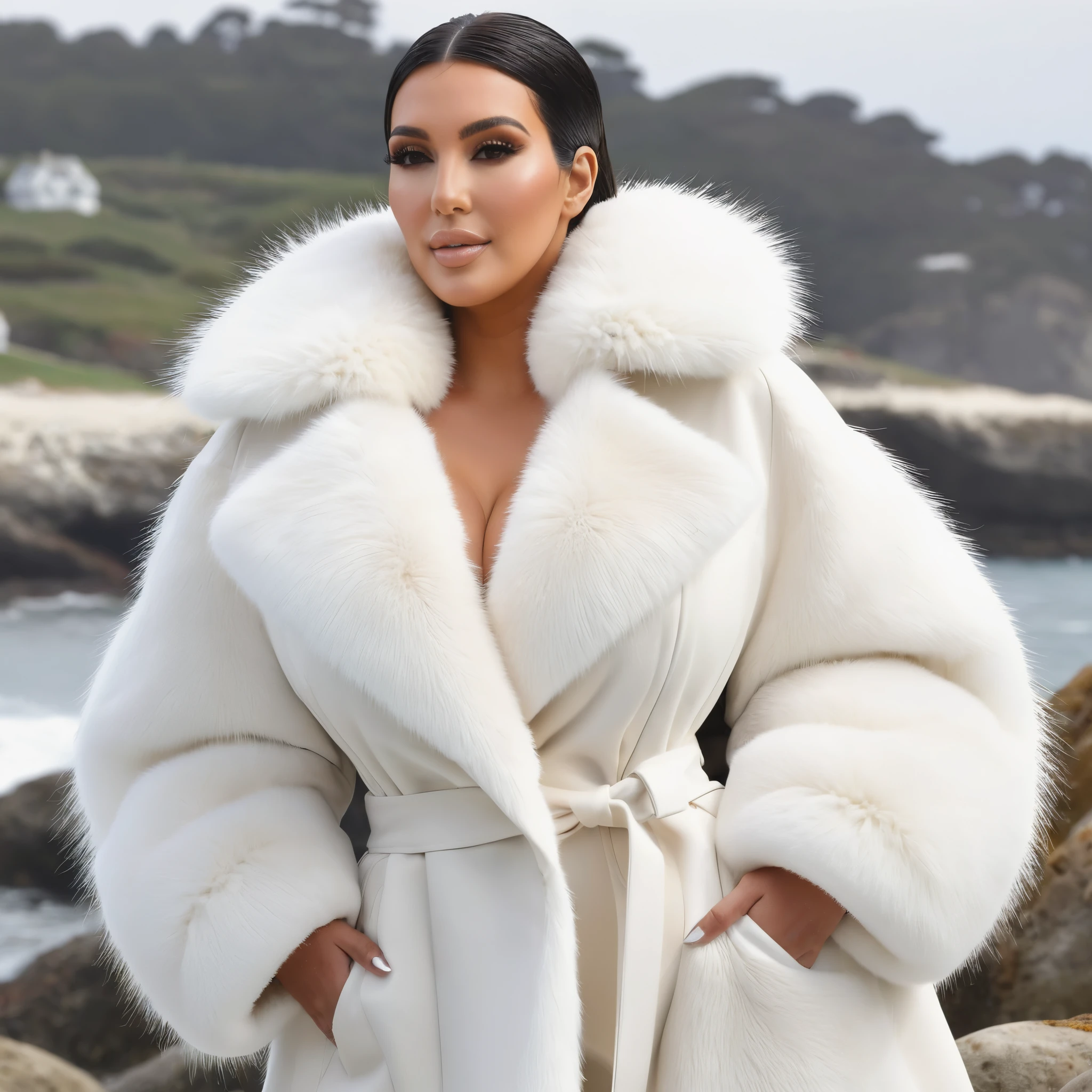 A very wide and very thick, manteau de fourrure en vison blanc, fifty centimeters thick, duveteux, naturel, with an ultra thick white mink fur collar, three layers, sur Kim Kardashian , bare shoulders, and two large breast covered by the fur, at Pebble Beach