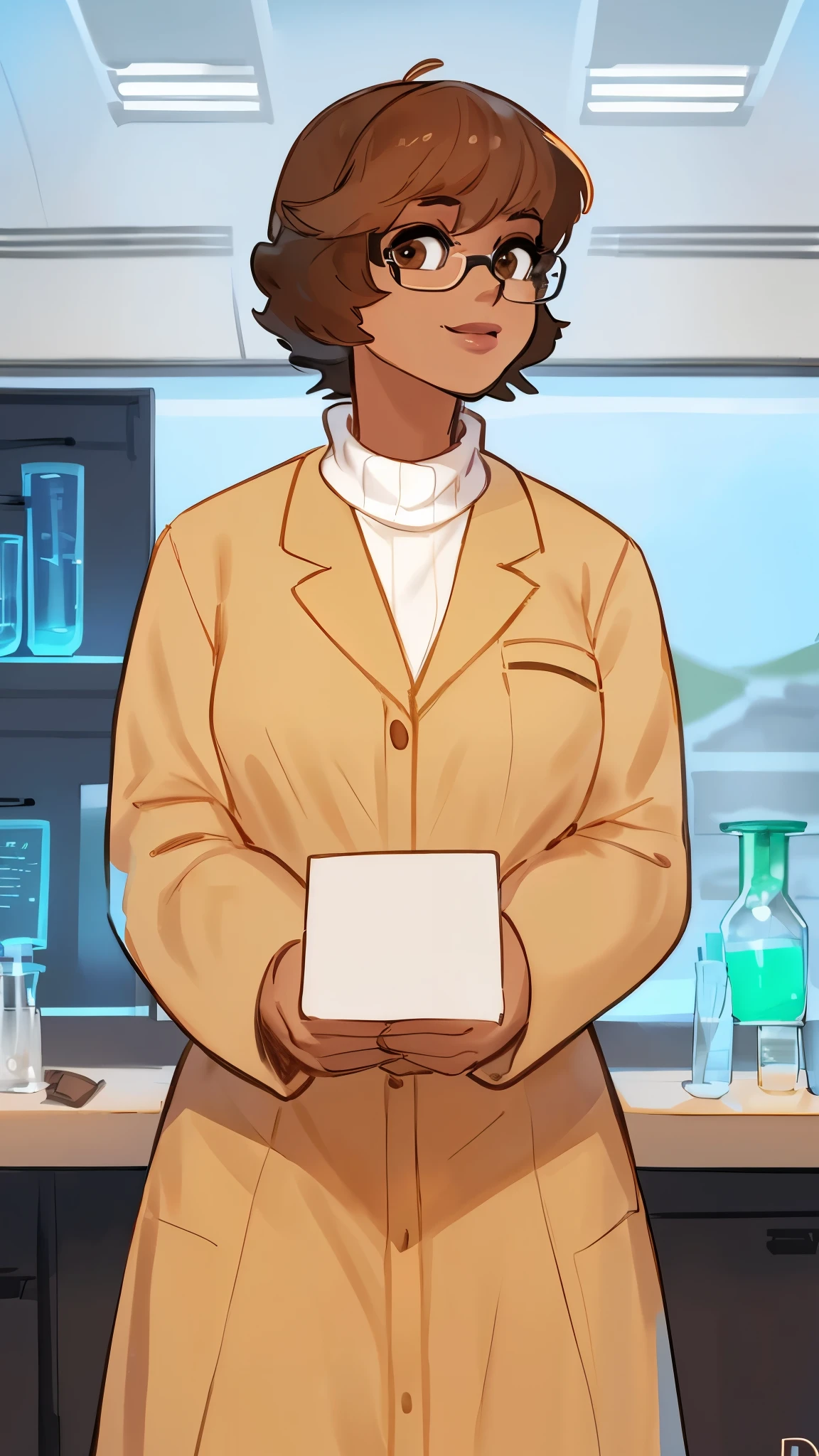 By bebebebebe, by lostgoose, by goonie-san, solo, standing, female, human, lips, nose, short wavy hair, brown hair with blonde highlights, dark brown eyes, glasses, turtleneck, scientist, researcher, laboratory