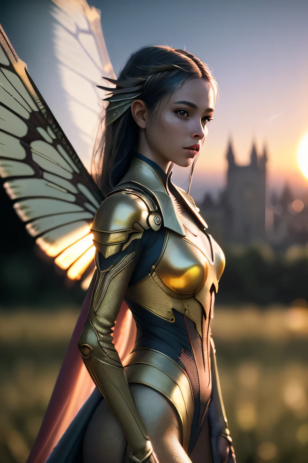 (masterpiece), (very complicated:1.3), (realistic), girl portrait, the most beautiful in the world, (locust-like wings), scale powder reflection, outdoor, intense sunlight, distant castle, Stunning female professional photo details, sharp focus, dramatic, Award history, cinematic lighting, Octane Rendering Unreal Engine, volumetrics dtx, (film grain, blurred background, blurred foreground, Bokeh, Depth of the bounds written, sunset, motion blur:1.3), thin clothing