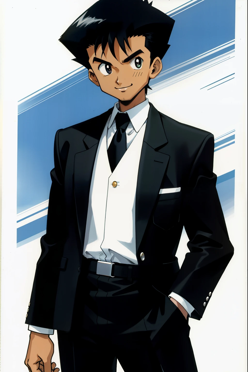 by Ken Sugimori, sugimori 1990s, ((only 1man)), african, dark skinned, black business suit, smiling, white collared shirt ((hands behind their back)), full black pupils, manga, best quality, highly detailed, clean lines, cowboy shot, good hands, good eyes, hd, 8k, professional, symmetrical, hires, 8k,
