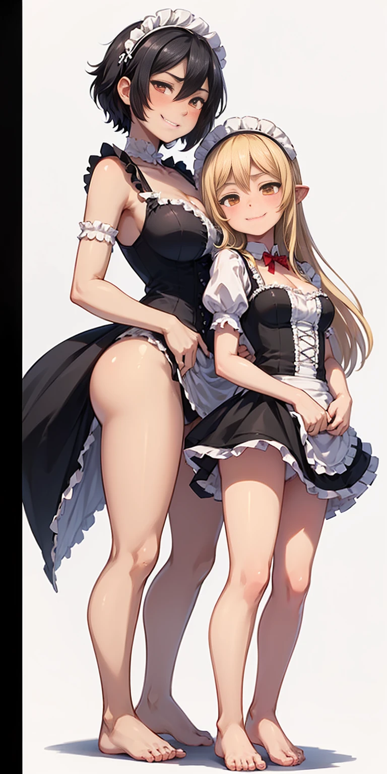 ((White background)) 1mother with daughter showing her asses,barefeet, cute, ((Short black hair girl and long blonde hair girl)), maid victorian, maid apron, straight face, dazed, Body position: Standing, straight, symmetrical, barefoot, smile face, lustful smirking smile face red blushed red cheeks