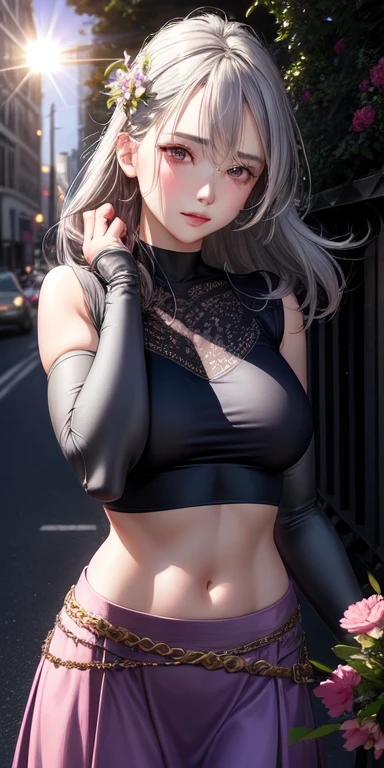 realistic, 1 girl, gray hair, purple eyes, shining eyes, crop top, skirt, parted lips, blush, night, flowers, sun, sunlight,