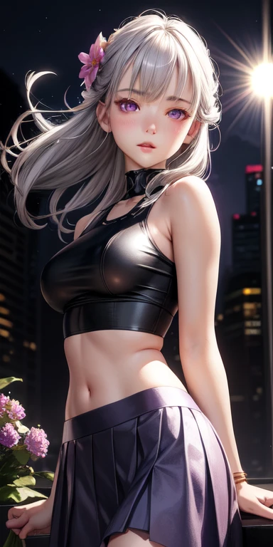 realistic, 1 girl, gray hair, purple eyes, shining eyes, crop top, skirt, parted lips, blush, night, flowers, sun, sunlight,