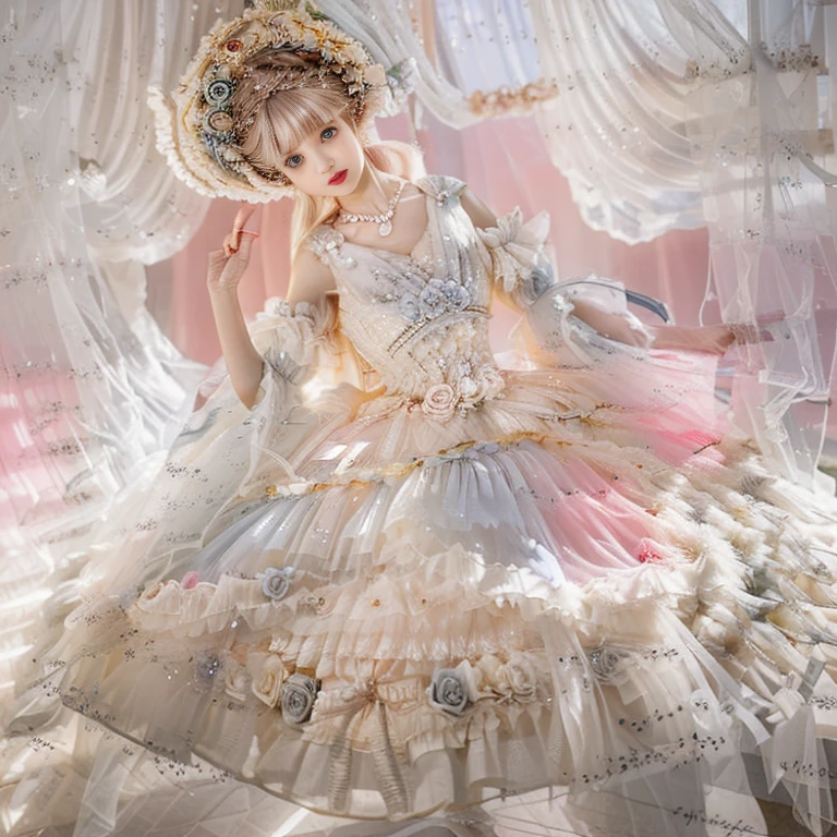 best quality, delicate face,beautiful visual work, lifelike, 2 girls, eternal, black hair, Long curly hair, blunt bangs, Smile, pink skirt, pink lolita dress, layered skirt, Lolita style long skirt,分層連衣裙 lace-trimmed 裙子, decorate, lace, long sleeve, puff sleeves, wide sleeves, Transparent sleeves, hair accessories, 在flower园里, flower, Detailed background, delicate face,pink blush,White knee-length socks, Pink shoes,Lots of lace,(masterpiece)、(top quality)、8K、high detail、super detailed,21 years old female,穿着pink lolita dress(dreamy atmosphere:1.1)、masterpiece、born、Scenes resembling fairy tale illustrations、Intricate details showcase the ruffles and intricate designs of the Lolita dress、beautifully、magic、capricious、 beautifully、Dream aesthetics、「𝓡𝓸𝓶𝓪𝓷𝓽𝓲𝓬」、realism、Visual effect、FXAA、SSAO、shader、voiceless、ambient lighting、Tone mapping、High resolution、ultra high definition、megapixel、(8K resolution:1.10)、8K、Below 8K、8K resolution、high detail、intricate details, (high quality:1.2、masterpiece:1.2、:1.21)、(21 years old female:1.21)、(興奮地Smile)、(Surrounded by the dreamy atmosphere、High heel、Model diagram,full-body shot,Knee-high 白色的 lace socks,Sweet Lolita,Normal 2 feet,Pink shoes,Baotou shoes,silver crown tiara,Don't show your fingers,lolita cake dress,Thousand layer skirt,Every layer has lace,The skirt has a hem,cold,huge breasts,hands on hips,Wide cuffs cover hands,2 girls