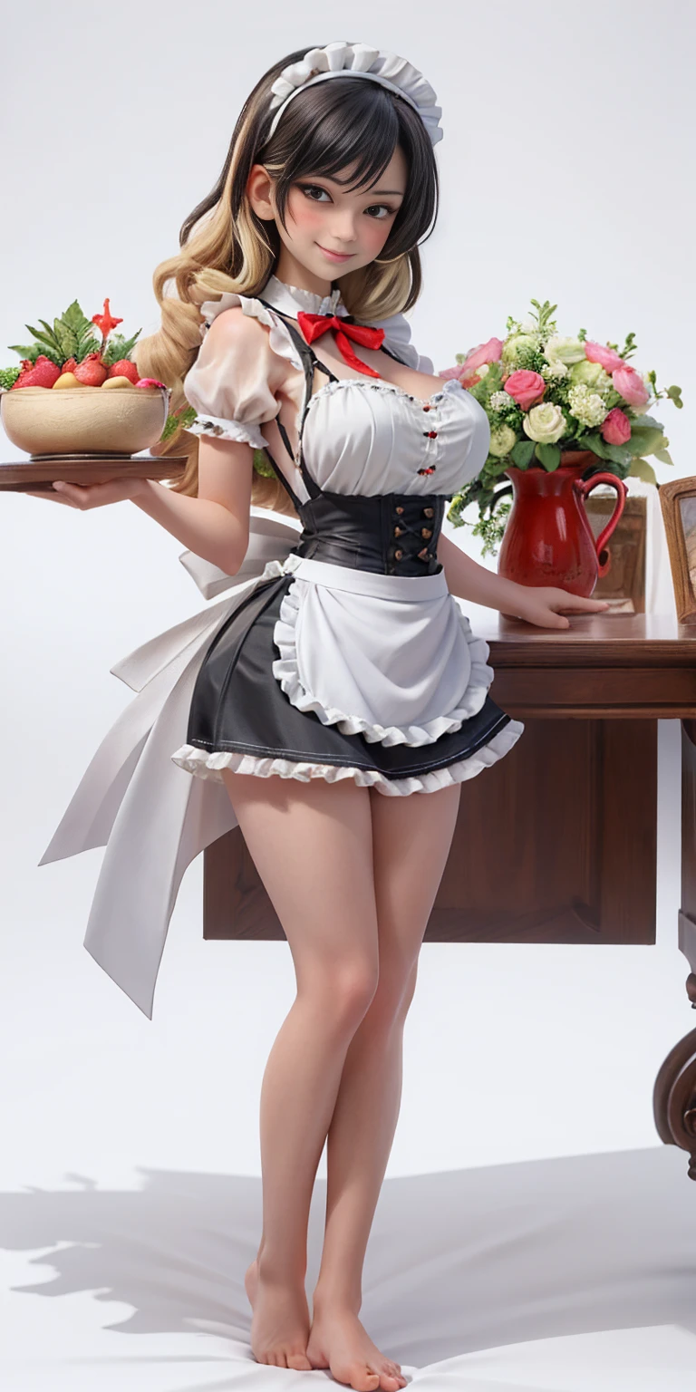 ((White background)) 1mother with daughter showing her asses,barefeet, cute, ((Short black hair girl and long blonde hair girl)), maid victorian, maid apron, straight face, dazed, Body position: Standing, straight, symmetrical, barefoot, smile face, lustful smirking smile face red blushed red cheeks