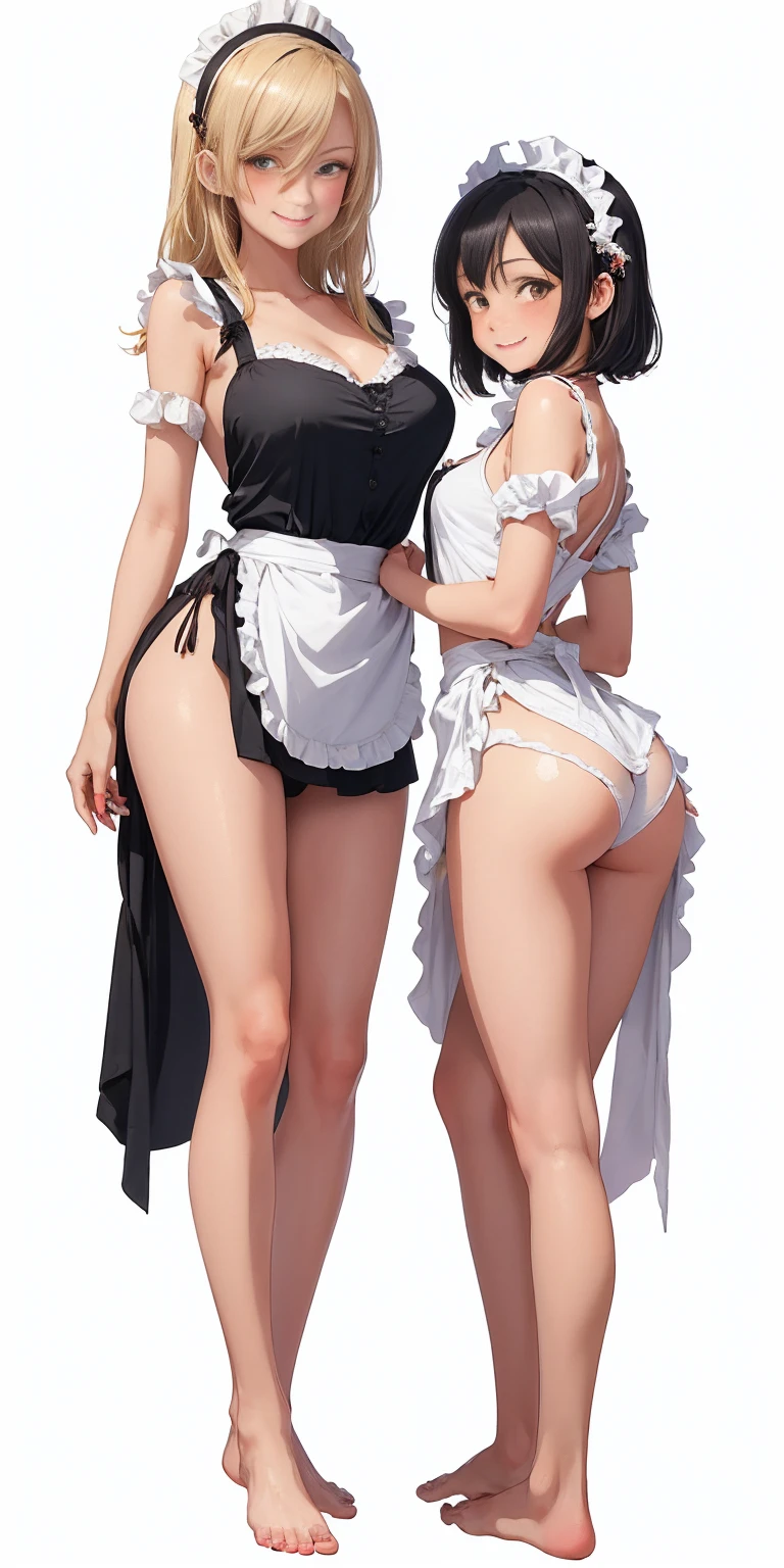 ((White background)) 1mother with daughter showing her asses,barefeet, cute, ((Short black hair girl and long blonde hair girl)), maid victorian, maid apron, straight face, dazed, Body position: Standing, straight, symmetrical, barefoot, smile face, lustful smirking smile face red blushed red cheeks