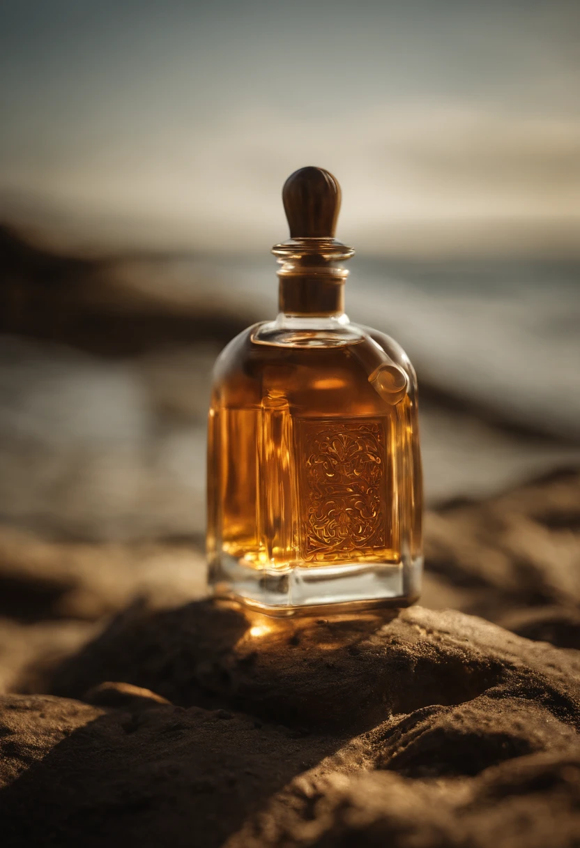 Design a beautiful and feminine perfume bottle for me that shows the following essential oils inside . The perfume bottle is on the shore of an ocean .Primary essence of bergamot, sea water, rose Middle essence of rose, lily, okra Base essence of musk, amber, mango