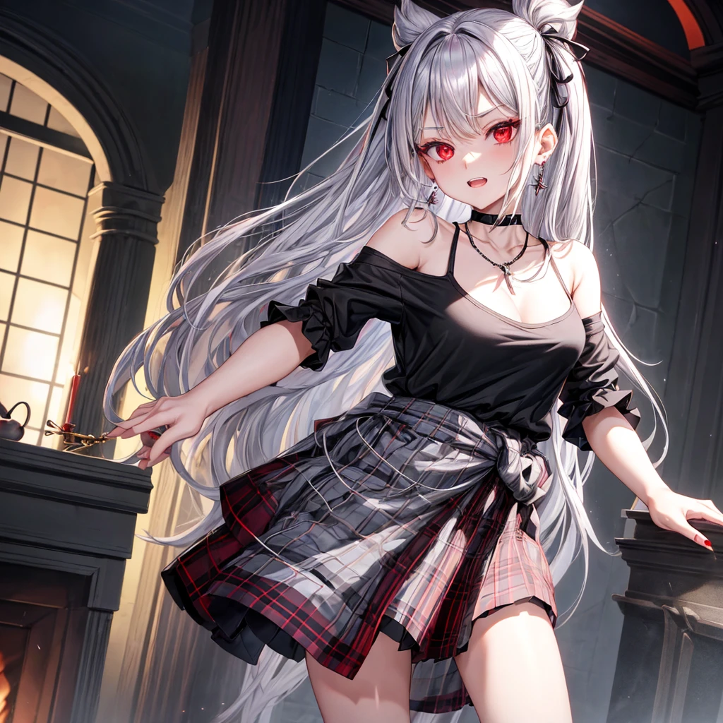 silver hair、red eyes、one good looking girl、solo、anime、plaid mini skirt、black camisole、black t-shirt、dress、wearing a ribbon、ribbon at waist、stones are piled up、crystal earrings、jewelry necklace、Light and shadow、tilting one's face、teeth are visible、pillar、skylight、fireplace、evil looking face
