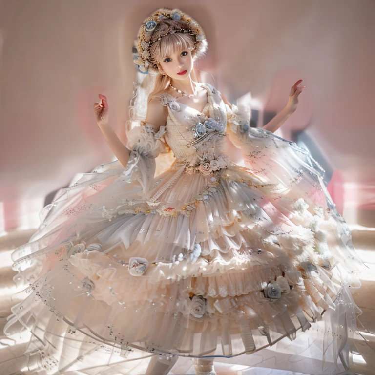 best quality, delicate face，beautiful visual work, lifelike, 2 girls, eternal, black hair, Long curly hair, blunt bangs, Smile, pink skirt, pink lolita dress, layered skirt, Lolita style long skirt,分層連衣裙 lace-trimmed 裙子, decorate, lace, long sleeve, puff sleeves, wide sleeves, Transparent sleeves, hair accessories, 在flower园里, flower, Detailed background,  delicate face，pink blush，White knee-length socks, Pink shoes，Lots of lace，(masterpiece)、(top quality)、8K、high detail、super detailed，21 years old female，穿着pink lolita dress(dreamy atmosphere:1.1)、​masterpiece、born、Scenes resembling fairy tale illustrations、Intricate details showcase the ruffles and intricate designs of the Lolita dress、beautifully、magic、capricious、 beautifully、Dream aesthetics、「𝓡𝓸𝓶𝓪𝓷𝓽𝓲𝓬」、realism、Visual effect、FXAA、SSAO、shader、voiceless、ambient lighting、Tone mapping、High resolution、ultra high definition、megapixel、(8K resolution:1.10)、8K、Below 8K、8K resolution、high detail、intricate details， (high quality:1.2、​masterpiece:1.2、:1.21)、(21 years old female:1.21)、(興奮地Smile)、(Surrounded by the dreamy atmosphere、High heel、Model diagram，full-body shot，Knee-high 白色的 lace socks,Sweet Lolita，Normal 2 feet，Pink shoes，Baotou shoes，silver crown tiara，Don't show your fingers，lolita cake dress，Thousand layer skirt，Every layer has lace，The skirt has a hem，cold，huge breasts，hands on hips，Wide cuffs cover hands，2 girls