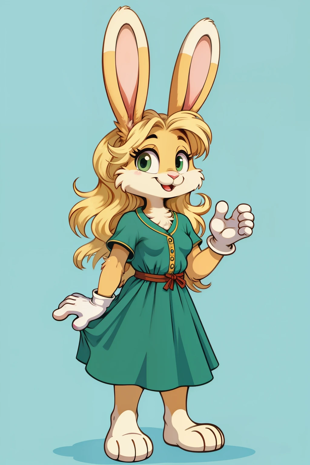 Minimalist art style, Vintage loony tunes style, Female rabbit smiling brightly, green summer dress, blonde fur, long hair style,White gloves,