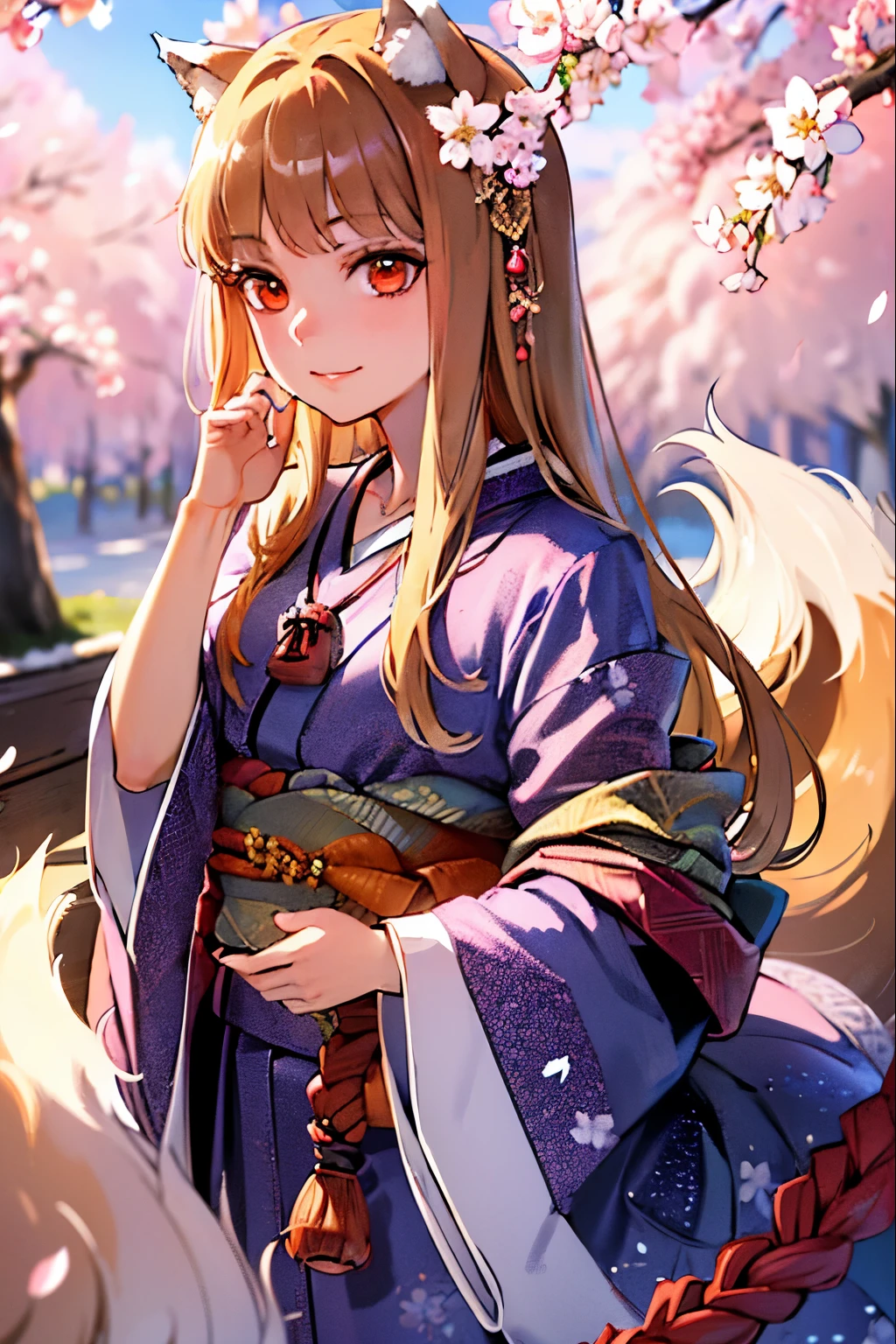 best quality, masterpiece, highres, 1girl, Luxury kimono, beautiful face, hair ornament, looking at viewer, smile, closed mouth, lips, dress, hair ornament, necklace, jewelry, long hair, earrings, Beautiful face, upon body, tyndall effect, photorealistic, Cherry blossom background, (top-quality、8K、32K、​masterpiece、nffsw:1.3)、(Photorealsitic:1.4)、realisitic:1.2,Raw photography, Holo (Spice and Wolf), wolf tail