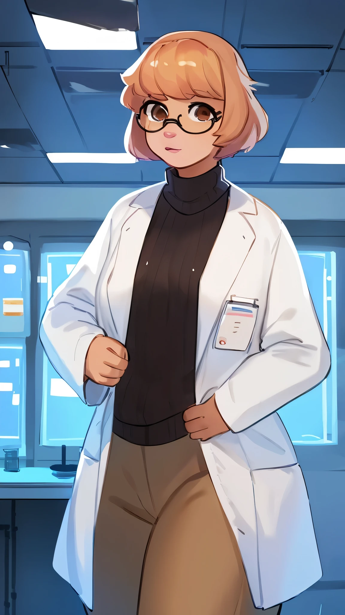 By bebebebebe, by lostgoose, by goonie-san, solo, standing, female, human, tan skin, dark tan, pink lips, nose, short wavy hair, brown hair with blonde highlights, dark brown eyes, glasses, turtleneck, scientist, researcher, laboratory