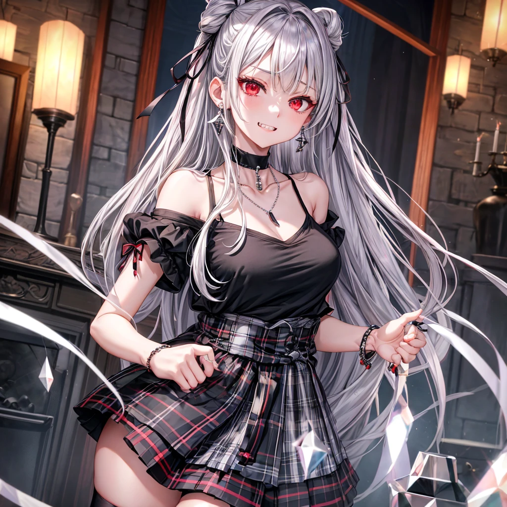 silver hair、red eyes、one good looking girl、solo、anime、plaid mini skirt、black camisole、black t-shirt、dress、wearing a ribbon、ribbon at waist、stones are piled up、crystal earrings、jewelry necklace、Light and shadow、tilting one's face、teeth are visible、pillar、skylight、fireplace、evil looking face