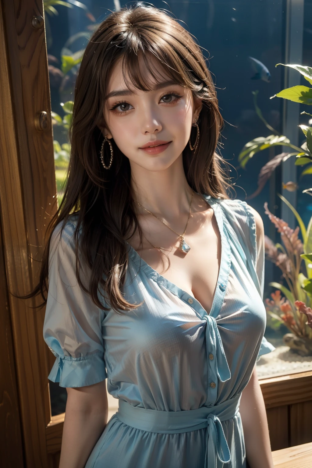 (best quality, 8k,32k,masterpiece, UHD:1.2),extremely detailed CG unity 8k wallpaper,intricate details,Raw photo,(photorealistic:1.4),atmosphere,ultra high res,Realistic,Real,Huge_filesize,incredibly absurdres,(centered:1.3),Ultra illustration,(ultra-detailed),dramatic lighting,various colors,depth of field,art by krenz cushart,golden hour lighting,taken by Canon EOS,SIGMA Art Lens 35mm F1.4,ISO 200 Shutter Speed 2000,blurry background,
BREAK,
1girl,(smile:1.3),slim body,(long straight hair with SEE THROUGHbangs,:1.4),solo,20-year-old Japanese beautiful woman, (aquarium, blue blouse,:1.5),(light brown hair:1.5),((brown eyes)),Large breasts,chest, Soft white skin that shines with every detail,pale skin,Very beautiful face,Very well-formed face,Natural and realistic face,Best,beautiful detailed eyes,striking eyes,Eyes drawn in detail, smile with your mouth closed,Detailed mouth,Detailed lips,shiny beautiful lips,Glossy lips,simple earrings,necklace,jewelry, solo focus,low neckline,
BREAK,
Front lighting,kool,Standing,sensual expression, BREAK,
(Dutch angle:1.4),looking at viewer,
BREAK,tzuyu,yui aragaki,