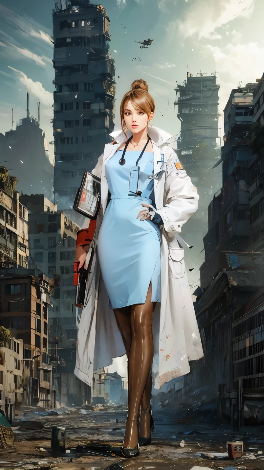 arafed woman in a blue dress and coat standing in a city, nurse girl, doctor, cyberpunk hiroshima, nurse's leather suit, gordon freeman as a woman, glamorous jill valentine, cyberpunk jackie welles, (doctor), cushart krenz key art feminine, inspired by Leng Mei, inspired by Claire Falkenstein, cyberpunk femme fatale