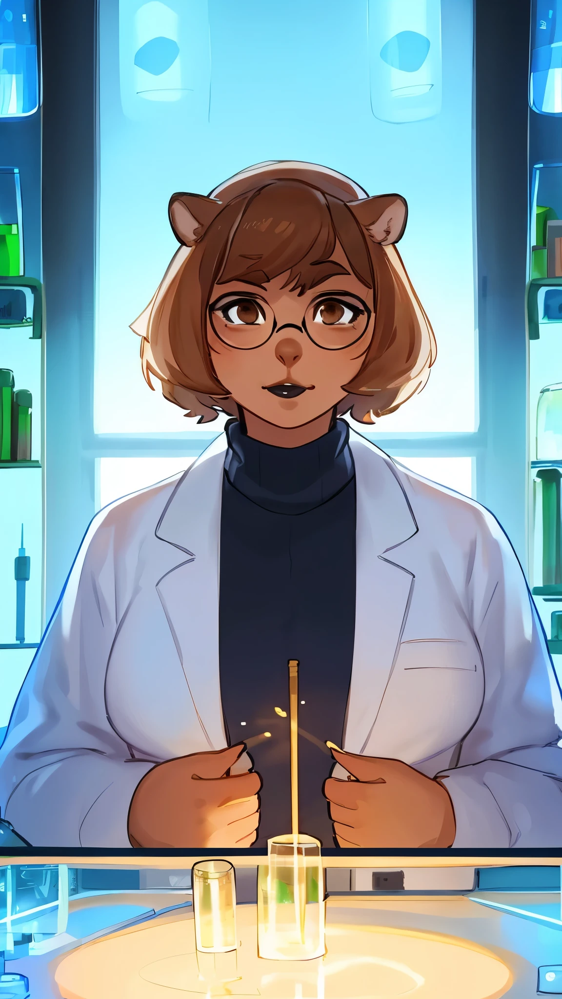 By bebebebebe, by lostgoose, by goonie-san, solo, standing, female, human, tan skin, dark tan, lips, nose, short wavy hair, brown hair with blonde highlights, dark brown eyes, glasses, turtleneck, scientist, researcher, laboratory