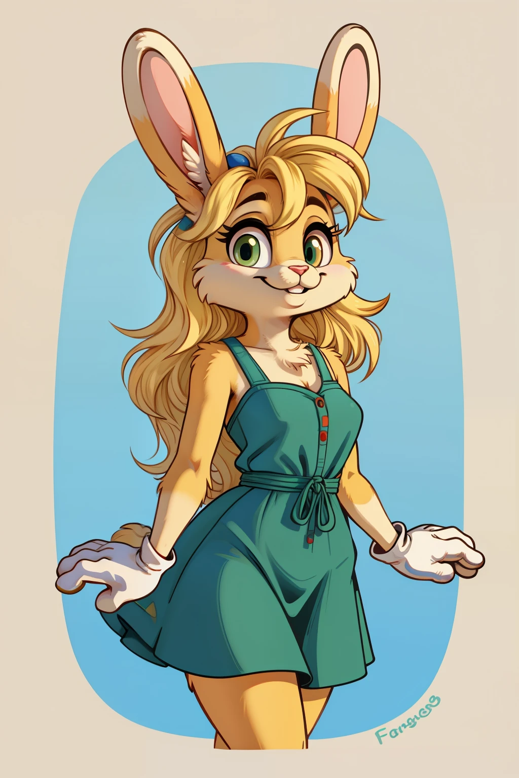 Minimalist art style, Vintage loony tunes style, Female rabbit smiling brightly, green summer dress, blonde fur, long hair style,White gloves,