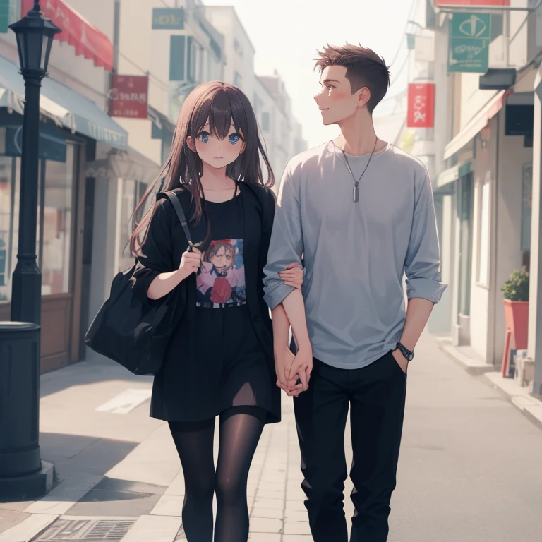 A cute korean girl walking to a cafe with her boyfreind, boyfreind is cute, badboy kissing. The girl is blushing a lot. In love...