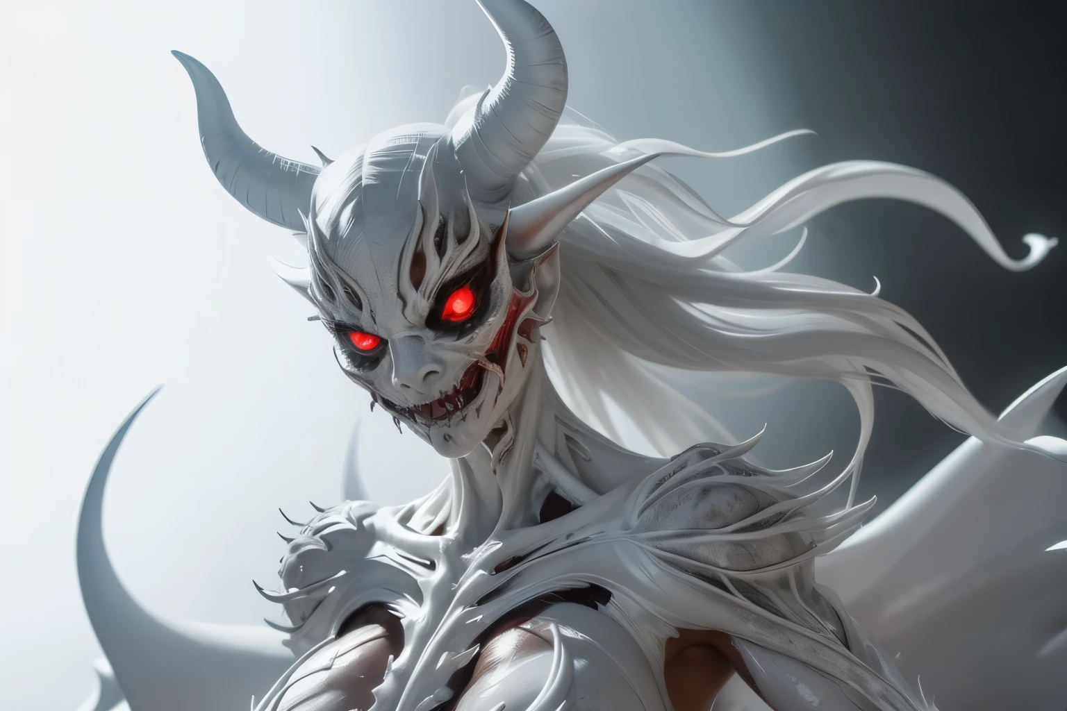 (carnage:1.5),(black and white demoness:1.5),(beautiful female model:1.5), (demoness with Large horns:1.25),(1 flayed skin:1.5), (covered in thick white muscle suit:1.5), (exposed perfect anatomy:1.5), high detail, best quality, masterpiece, finely detail, realistic skin texture, 85 mm art lens, f 1.2, sharp focus, 8 k high definition, insanely detailed, intricate, glowing white eyes, dark hair, glowing white background, hair bun, beautiful female face, white skin