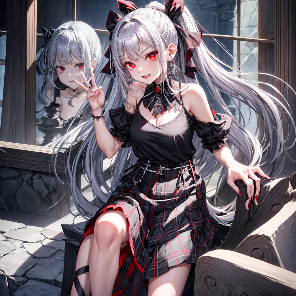 silver hair、red eyes、one good looking girl、solo、anime、plaid mini skirt、black camisole、black t-shirt、dress、wearing a ribbon、ribbon at waist、stones are piled up、crystal earrings、jewelry necklace、Light and shadow、tilting one's face、teeth are visible、pillar、skylight、fireplace、evil looking face