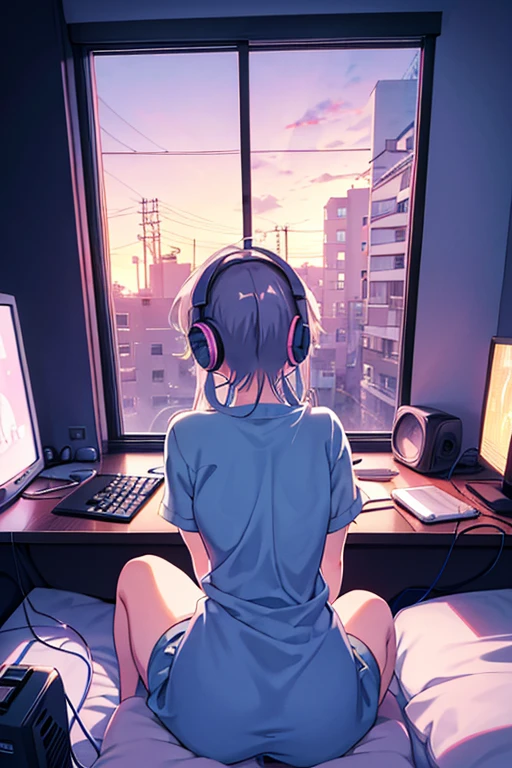 anime girl with headphones looking out a window at a city, lofi (​masterpiece)、
(from behind), Anime girl sitting in front of a computer in a cozy bedroom
2D anime style, The aesthetics of anime in the 90s, lo-fi,surreal, 8k, masterpiece
