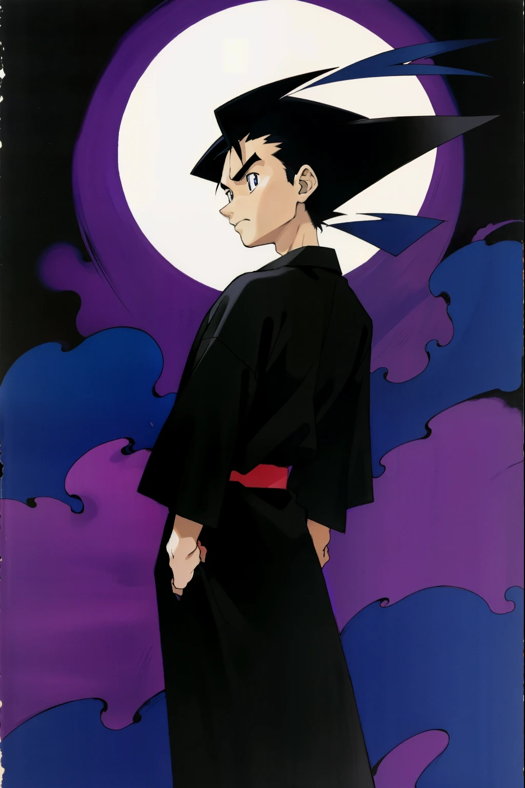 by Ken Sugimori, sugimori 1990s, ((only 1man)), black kimono, ghostly whisps, evil, shouting, wicked ((hands behind their back)), full black pupils, manga, best quality, highly detailed, clean lines, cowboy shot, good hands, good eyes, hd, 8k, professional, symmetrical, hires, 8k,