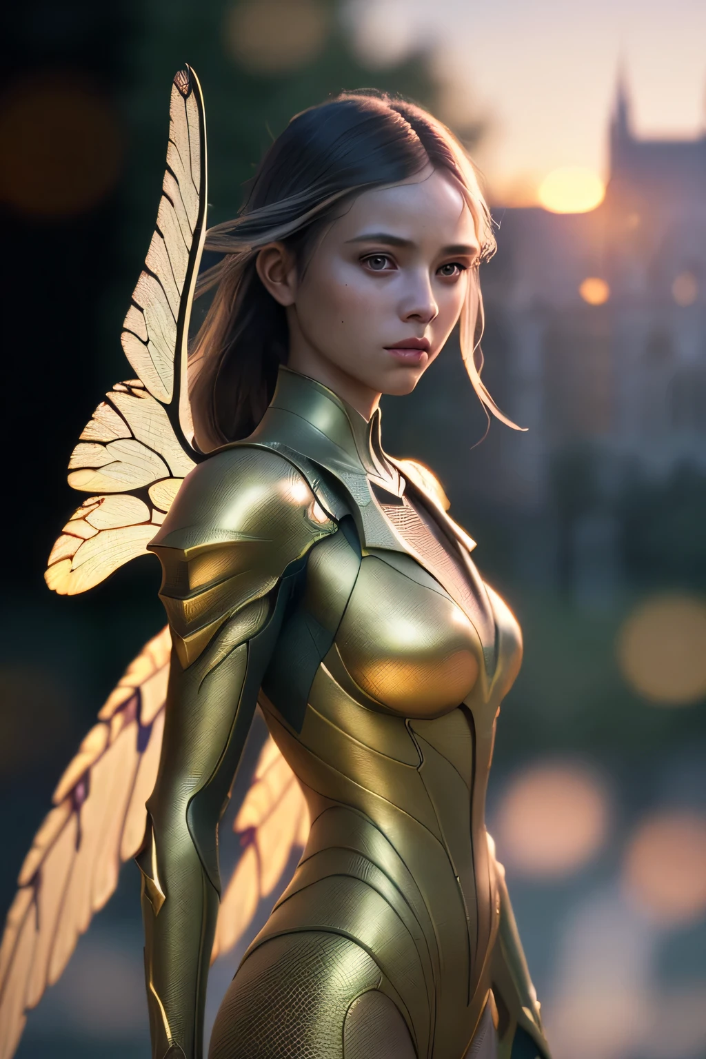 SER ILUMINADO, FLUTUANDO, ELEMENTAL, DOURADO, OLHOS GRANDES ARREDONDADOS, NARIZ PEQUENO, BOCA PEQUENA, dragonfly wings, CORPO MAGRO, LONG ARMS,