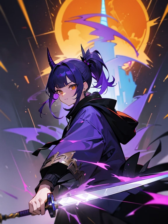 Purple-black high ponytail hair dragon girl,magic sphere,socking,Pink beautiful cosmic eyes,Magic ring,white backgrounid