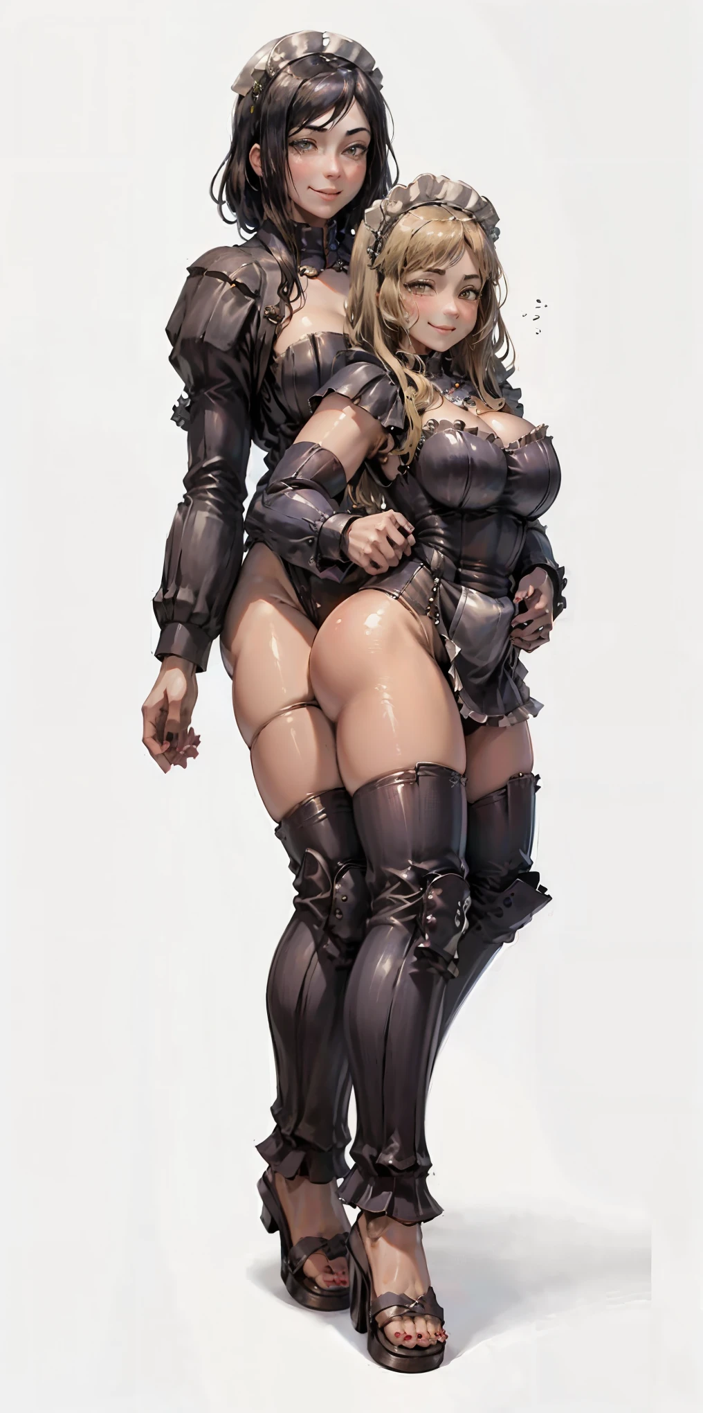 ((White background)) 1mother with daughter showing her asses,barefeet, cute, ((Short black hair girl and long blonde hair girl)), maid victorian, maid apron, straight face, dazed, Body position: Standing, straight, symmetrical, barefoot, smile face, lustful smirking smile face red blushed re cheeks