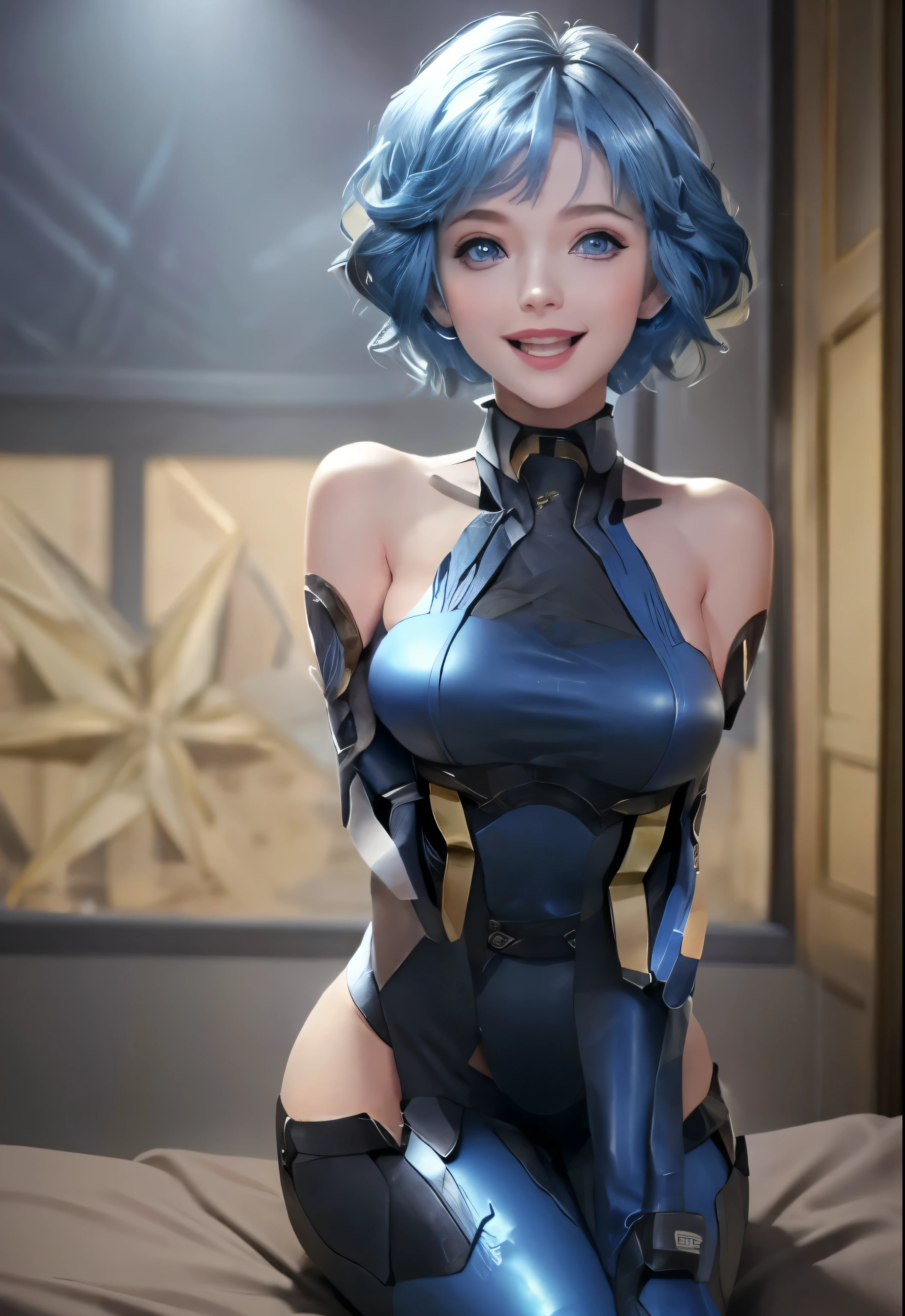 1girl, bare shoulders, blue eyes, blue hair, breasts, elbow gloves, gloves, holding, looking at viewer, open mouth, short hair, smile, solo, indoor, sitting on the bed, (masterpiece,best quality:1.5),