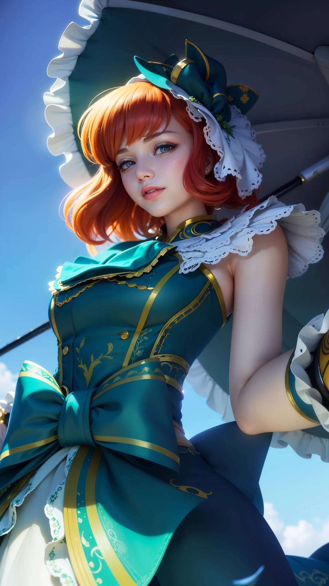 girl with orange hair holding a umbrella, red lips glossy, 8k, ultra hd, ultra detailed texture, hyper realistic, masterpiece, detailed texture, detailed face, detailed skin, detailed lighting, (photorealistic:1.5), best quality, beautiful lighting, cinematic lighting, professional lighting, ultra highres, realistic, detailed hair, real hair, high quality, (realskin:1.5), extremely detailed, finely detail, ultra-detailed, smile, kimono outfit, blue eyes.