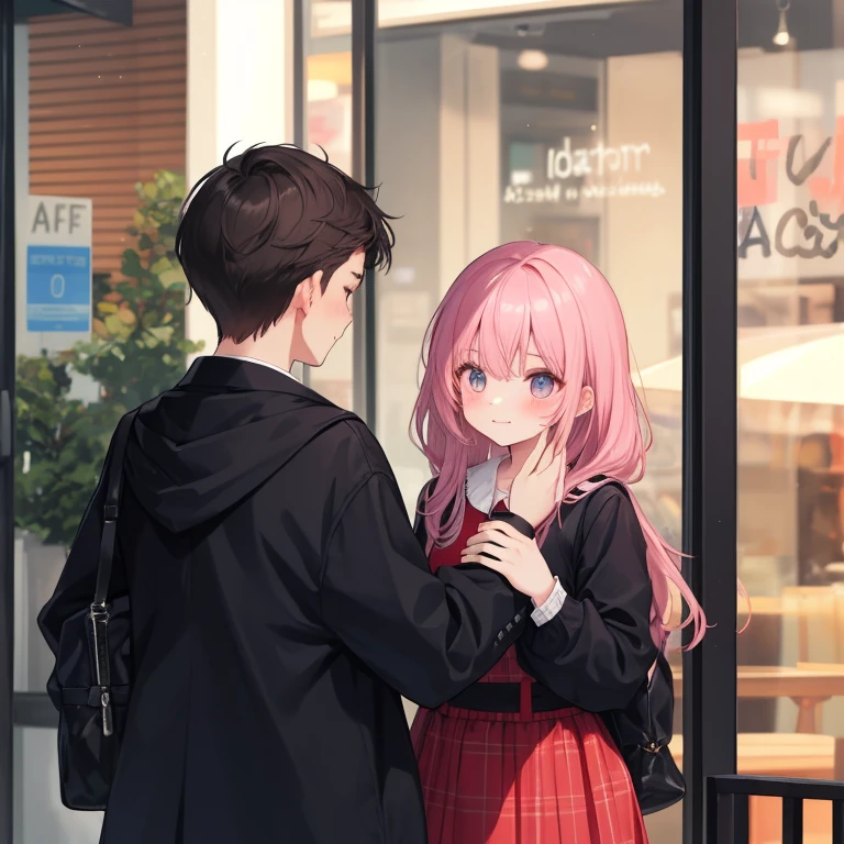 A cute korean girl walking to a cafe with her boyfreind, boyfreind is cute, badboy. The girl is blushing a lot. In love. They are kissing each other.