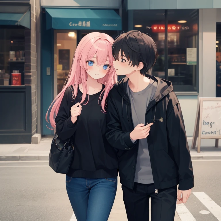 A cute korean girl walking to a cafe with her boyfreind, boyfreind is cute, badboy. The girl is blushing a lot. In love. They are kissing each other.