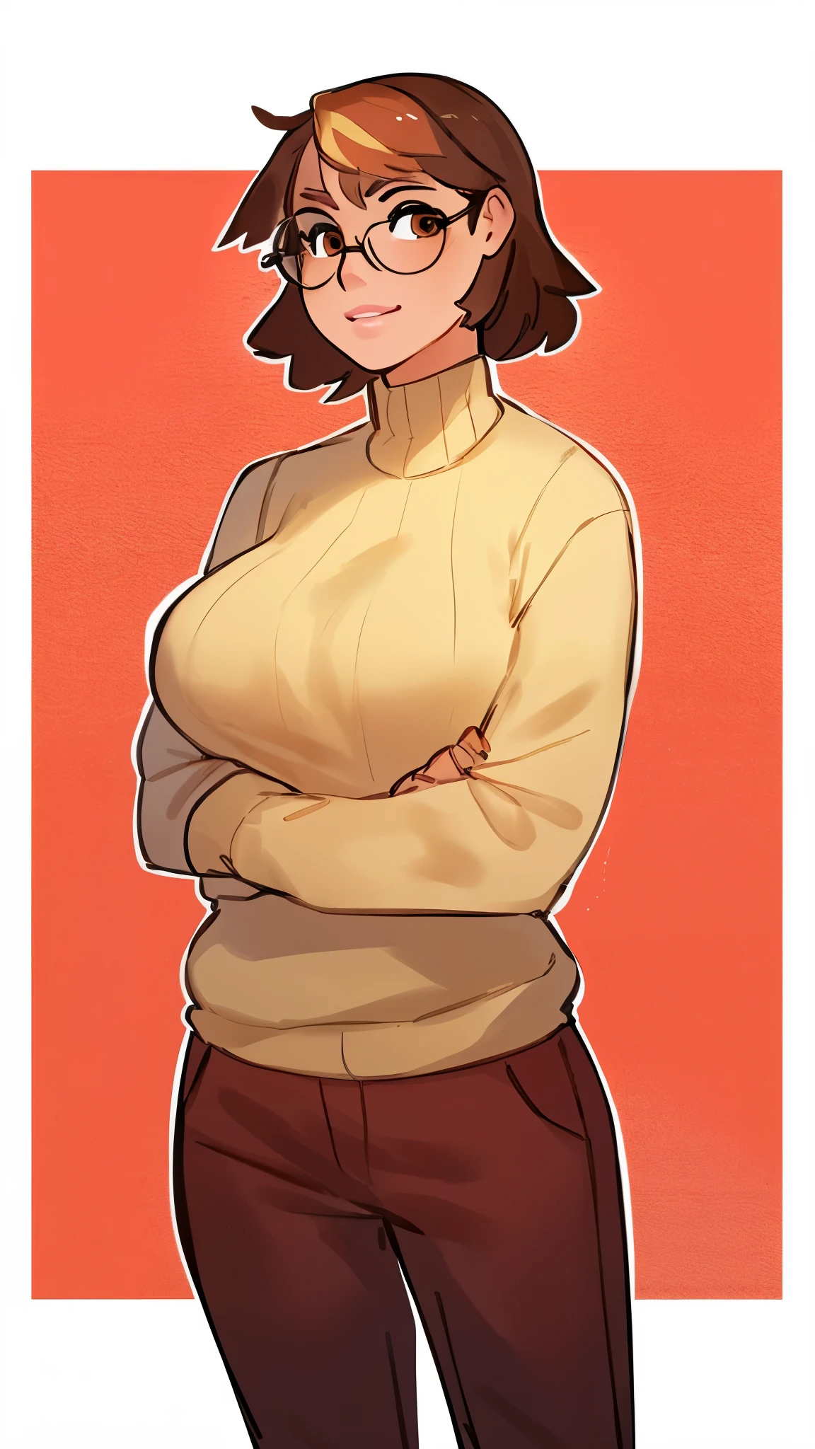 By bebebebebe, by lostgoose, by goonie-san, solo, standing, female, ((human, woman)), tan skin, dark tan, pink lips, nose, short wavy hair, brown hair with blonde highlights, dark brown eyes, glasses, turtleneck, red pants, cleavage, curvy