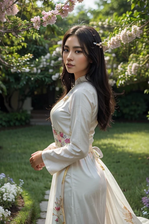 A hyper realistic color epic cinematography of a young Vietnamese woman, enchanting, in her 20s, with clean, graceful and elegant features. Her ebony hair, cascading down her shoulders, accentuated her radiant, flawless skin. Stunning images, outstanding clarity, vivid colors. The delicate embroidery on the traditional ao dai, sparkling in the sunlight, added sophistication to her look. The overall layout exudes timeless beauty. She stands amidst a vibrant garden of blooming flowers.
