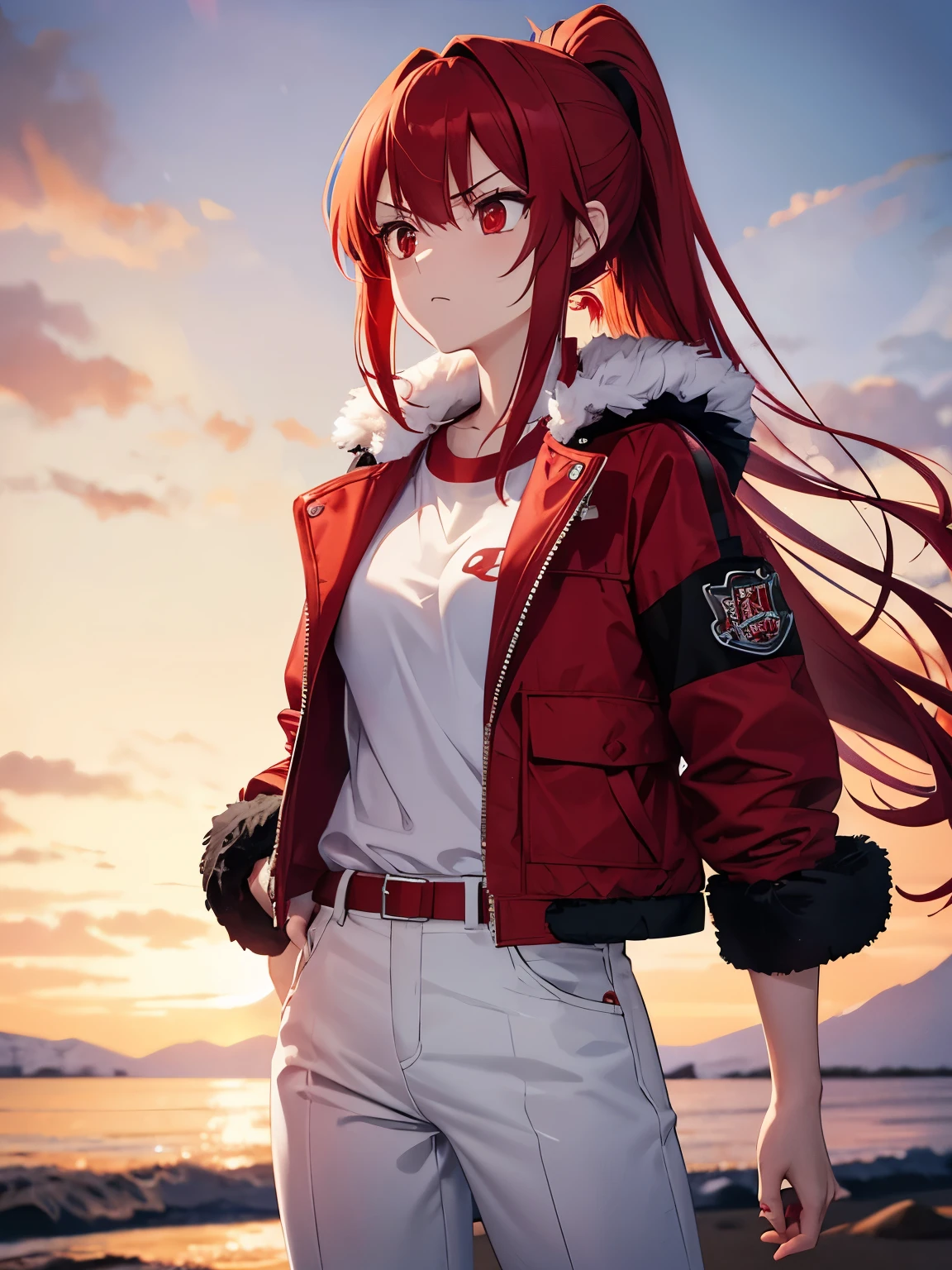 1 girl,Red hair, angry expression, standing,looking away,red eyes,Wearing a red fur jacket, medium hair,ponytail,half body photo,at the north pole, white t-shirt, long black trousers
