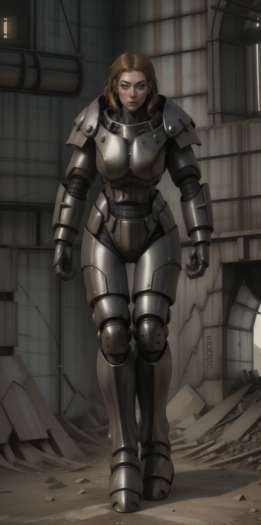 1girl looking at viewer full body golden full body armor, breastplate, shiny, armor