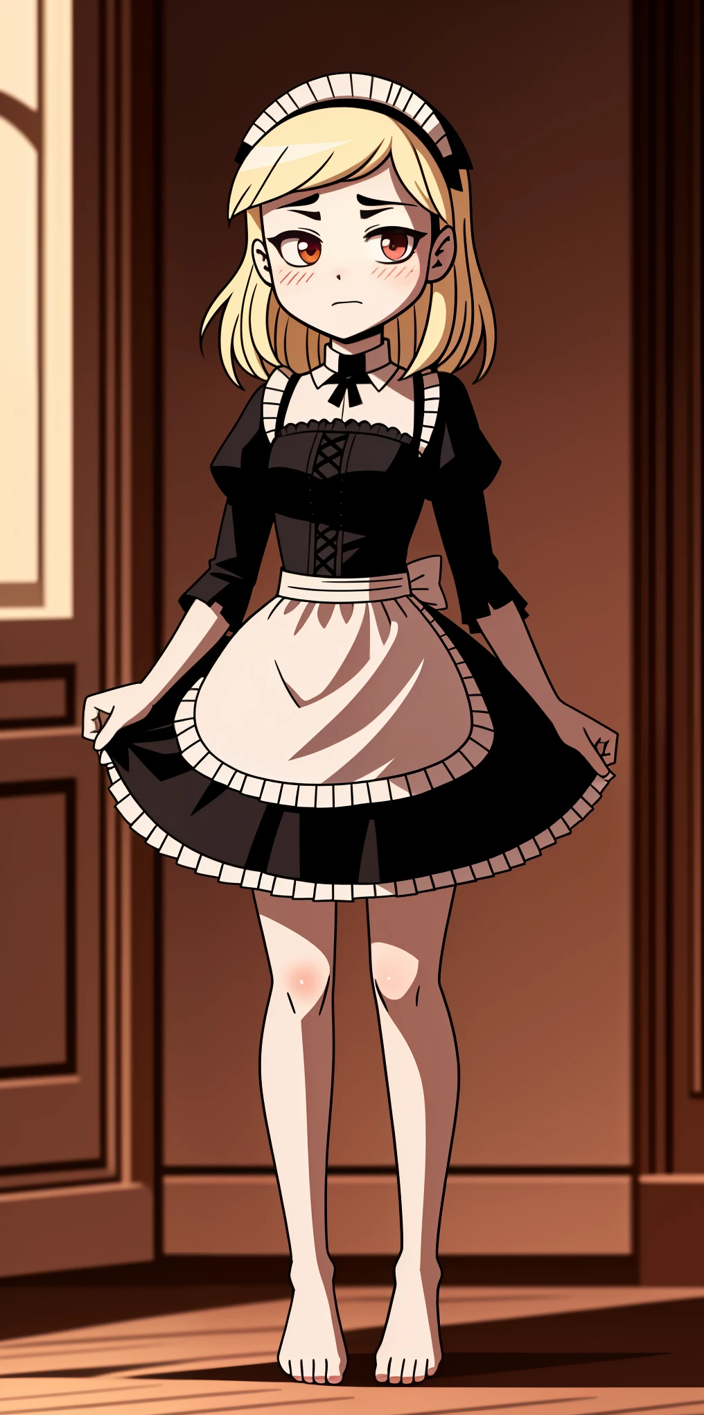 1girl, cute, ((Short black hair girl and long blonde hair girl)), maid victorian, maid apron, straight face, dazed, Body position: Standing, straight, symmetrical, barefoot, Lustful smile on face with red blush