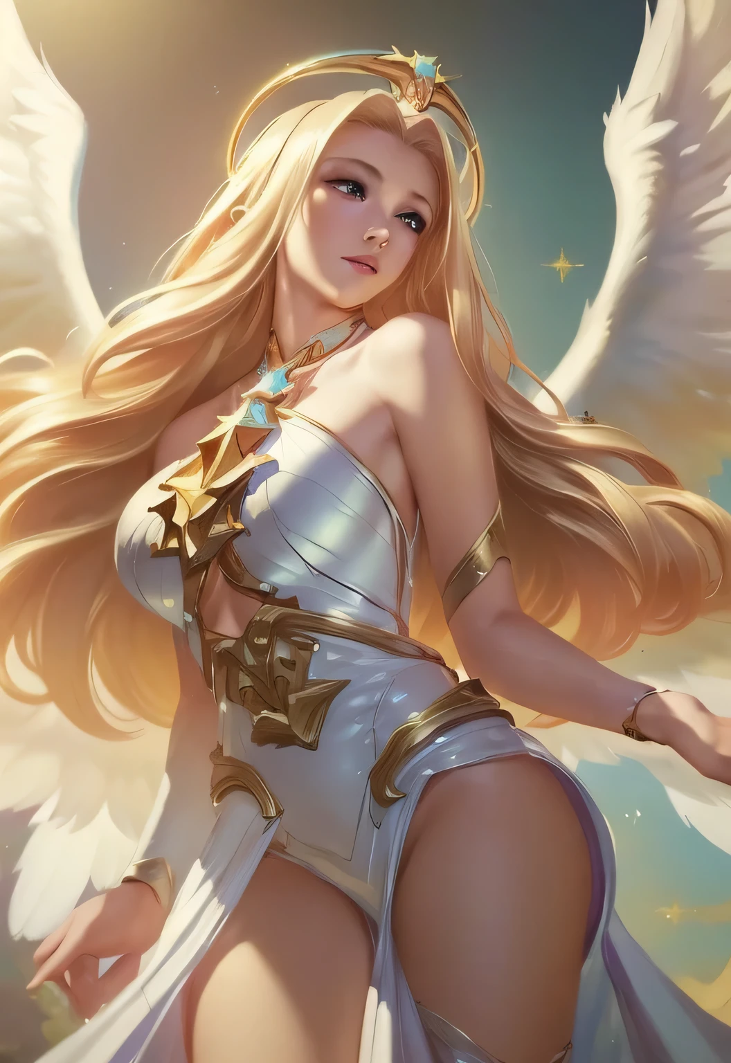 (masterpiece, best quality:1.5), 1girl, angel, angel wings, bare shoulders, blonde hair, breasts, dress, feathered wings, halo, jewelry, long hair, big breasts, white wings, wings, a beautiful woman with angel wings and a halo around her neck, league of legends splash art, a detailed painting, fantasy art, (masterpiece, best quality:1.5),