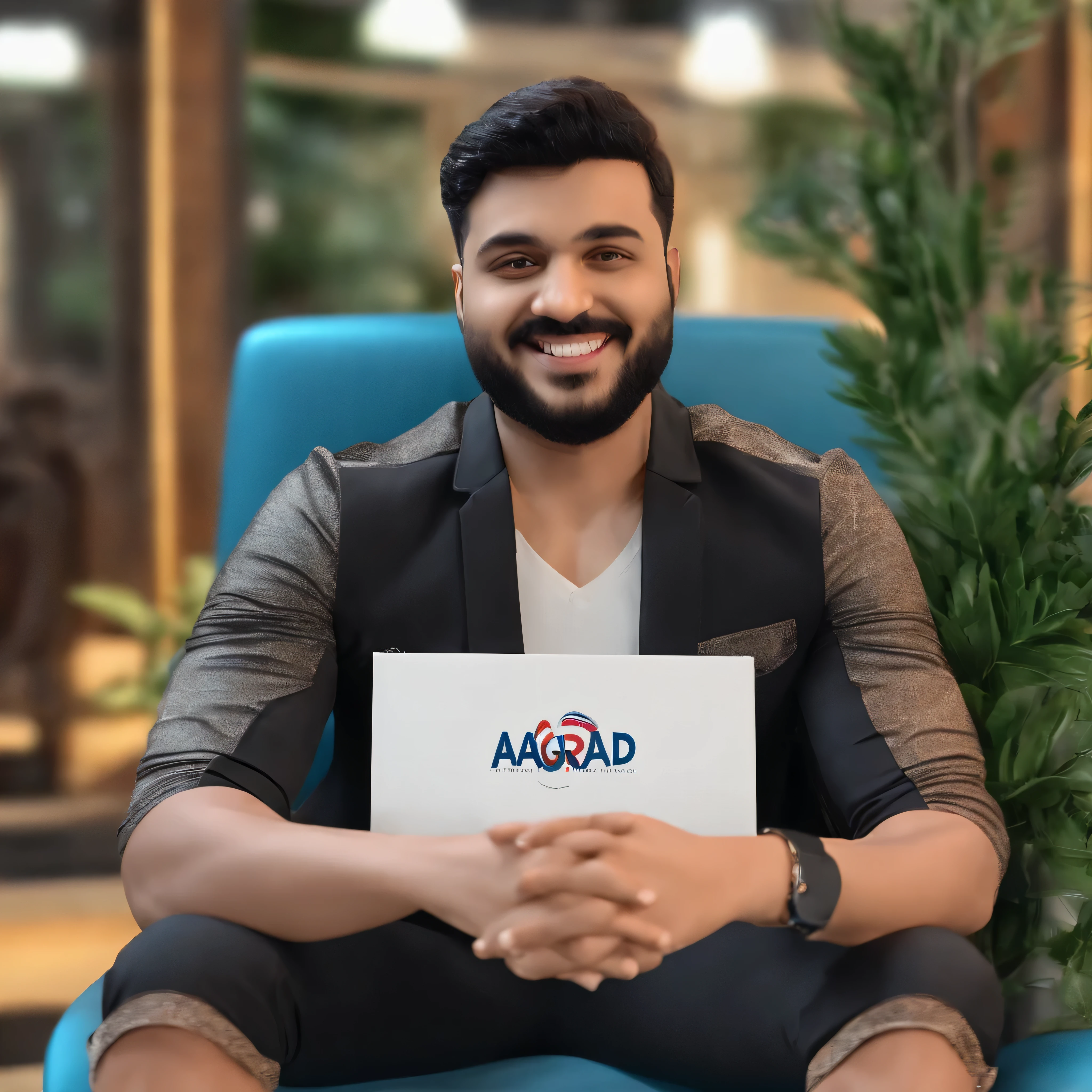 A 3D Whatsapp with my name " AGRAD DJALAL" written on the ribbon in 3D below, the name also accompanied by the number: "0660716000". there is a handsome smiling young man sitting leaning against the logo