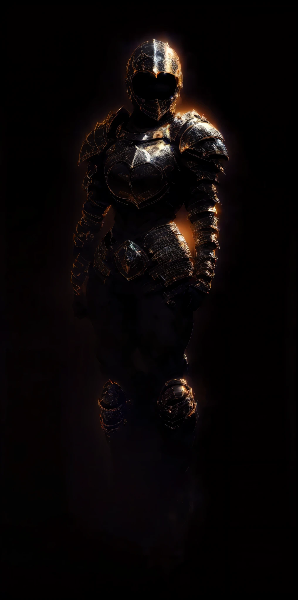 ((black background 1:2)) ((masterpiece, best quality, ultra-detailed, best shadow)) 1girl looking at viewer full body golden full body armor, breastplate, shiny, armor