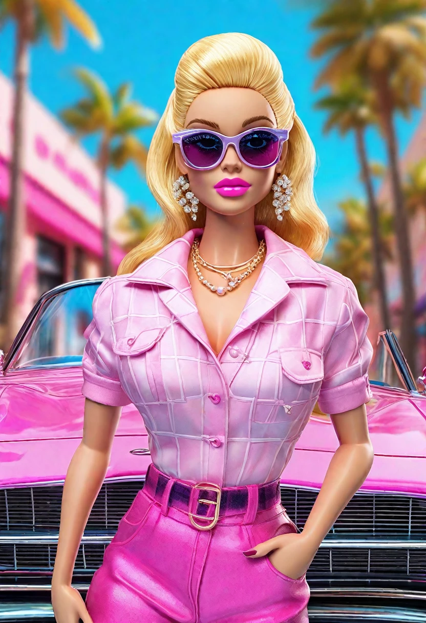 Create another scene in the same style, Barbie is outside the perfume shop now., Now she&#39;s carrying a perfume shop bag, She&#39;s about to get in the car, her car is a C1 Corvette, pink mixed with white, C1 Corvette, She is wearing a checked pink and white dress, and in the background you can see an urban 80&#39;s California look.., with palm trees and many pink flowers.