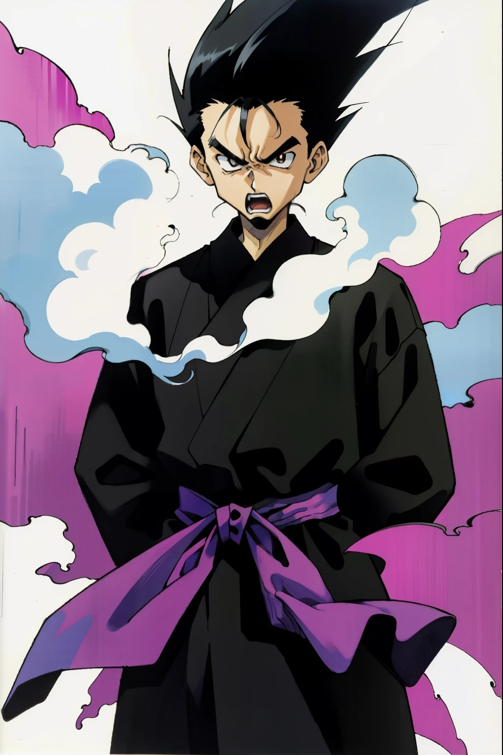 by Ken Sugimori, sugimori 1990s, ((only 1man)), black kimono, ghostly whisps, evil, shouting, wicked ((hands behind their back)), full black pupils, manga, best quality, highly detailed, clean lines, cowboy shot, good hands, good eyes, hd, 8k, professional, symmetrical, hires, 8k,
